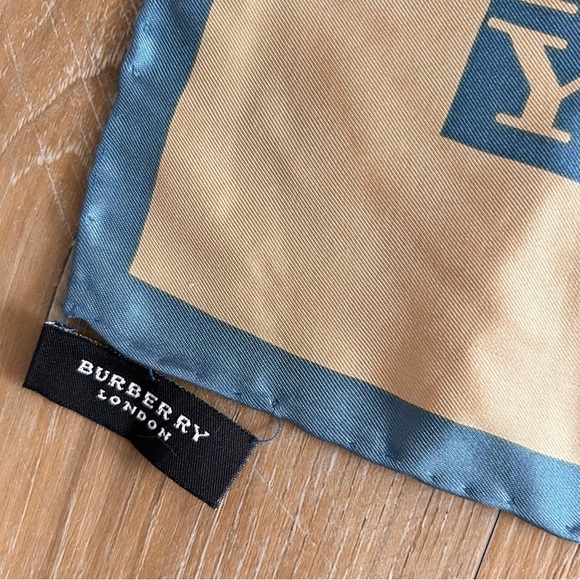 Burberry London Silk Scarf Vintage Logo Print Blue Beige 35x34.5” - Picture 2 of 4